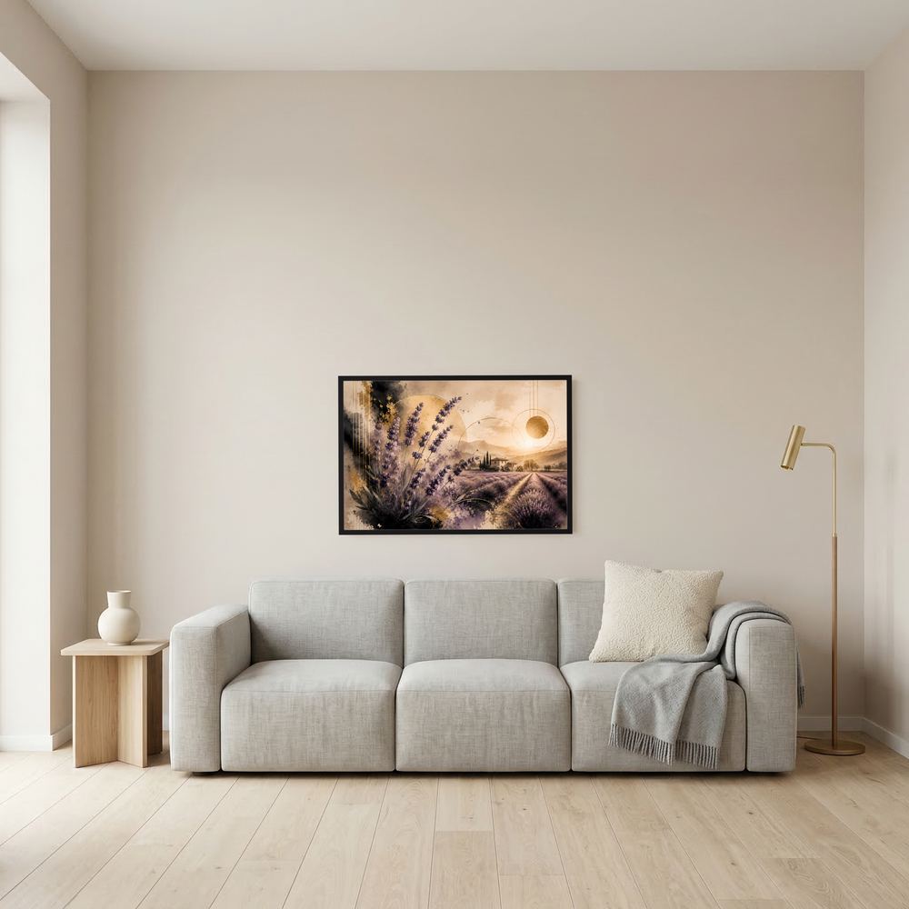 Kleines gerahmtes Querformat-Poster mit Lavendelfeld in Violett, goldener Sonne am Himmel