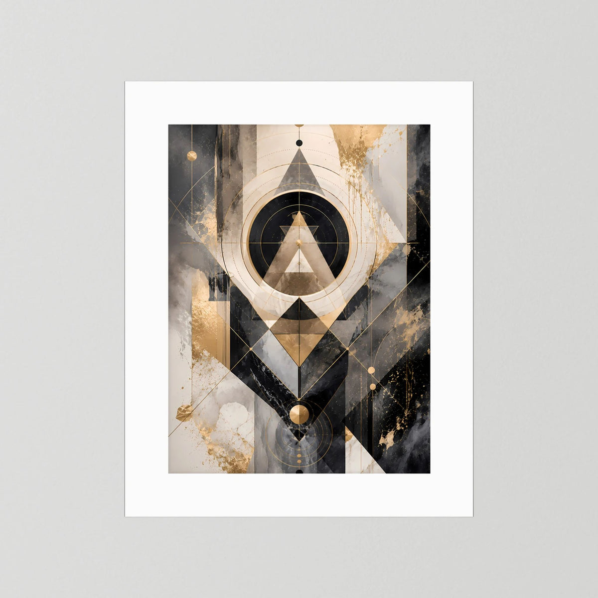 Abstraktes Kunstposter im Hochformat mit Kreisen und Rauten in Schwarz, Gold und Beige, weißer Rand.