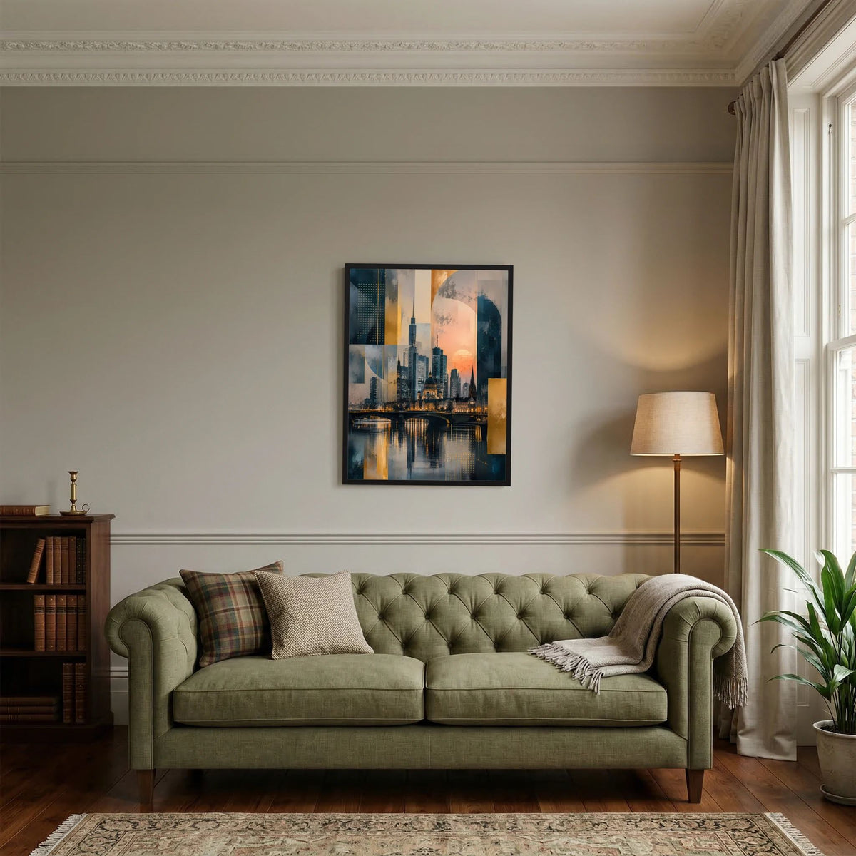 Gerahmtes Hochformat-Poster mit abstrakter Skyline und Flussreflexen in Gold und Petrol