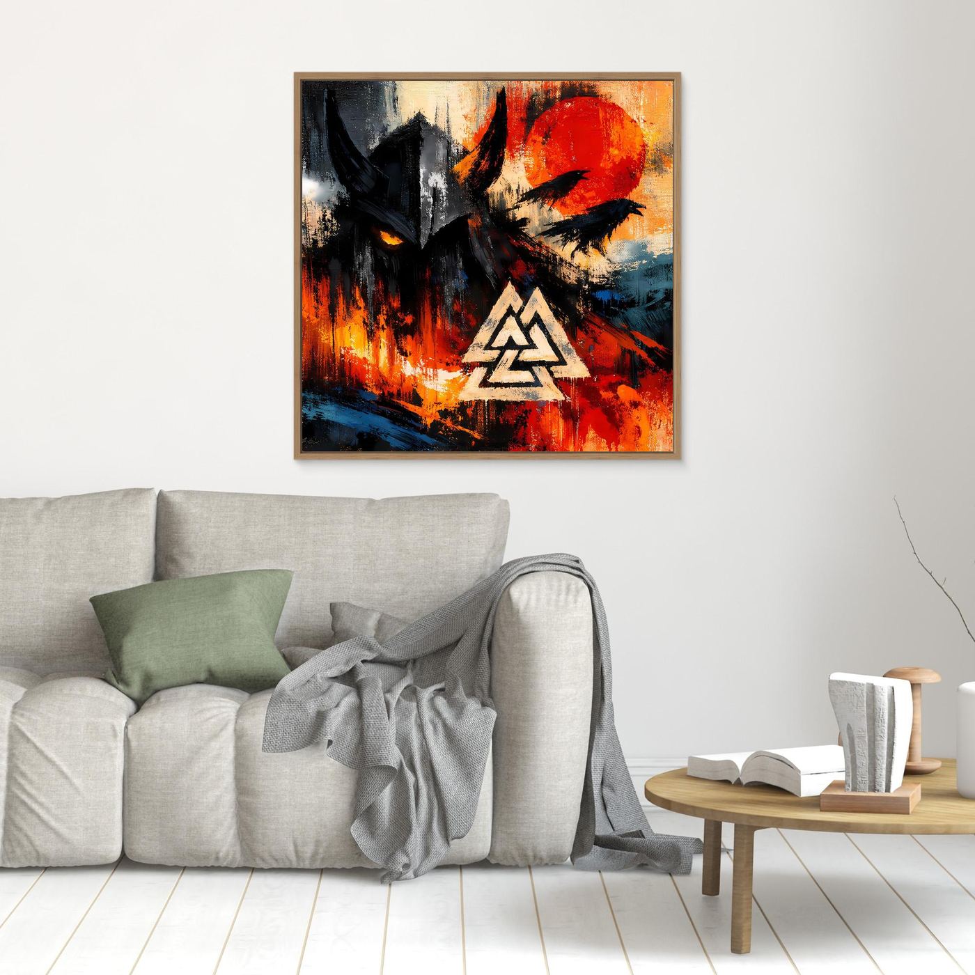 Kleines Leinwandbild im Holzrahmen mit schwarzem Vogel, roter Sonne und Valknut-Symbol