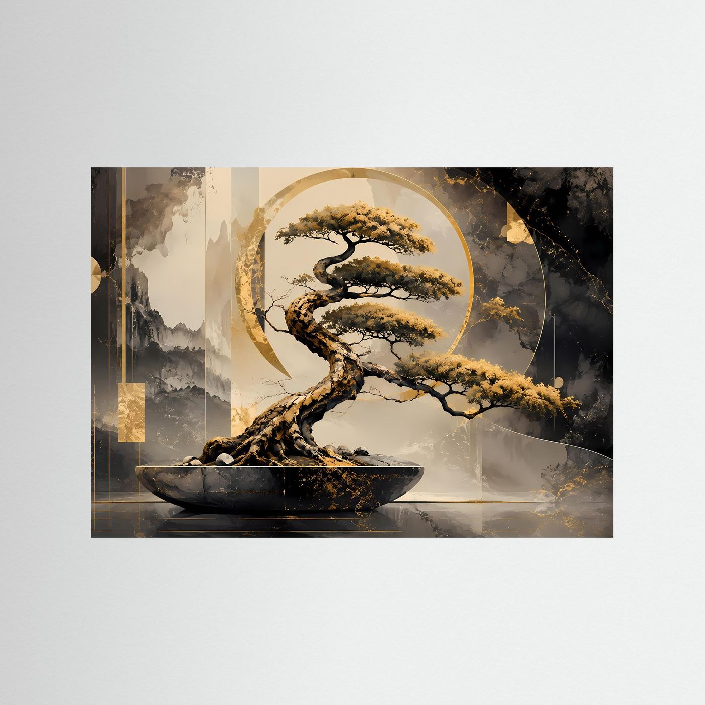Goldener Bonsai – Zen Baum in Schwarz & Gold | Elegante abstrakte Wandkunst