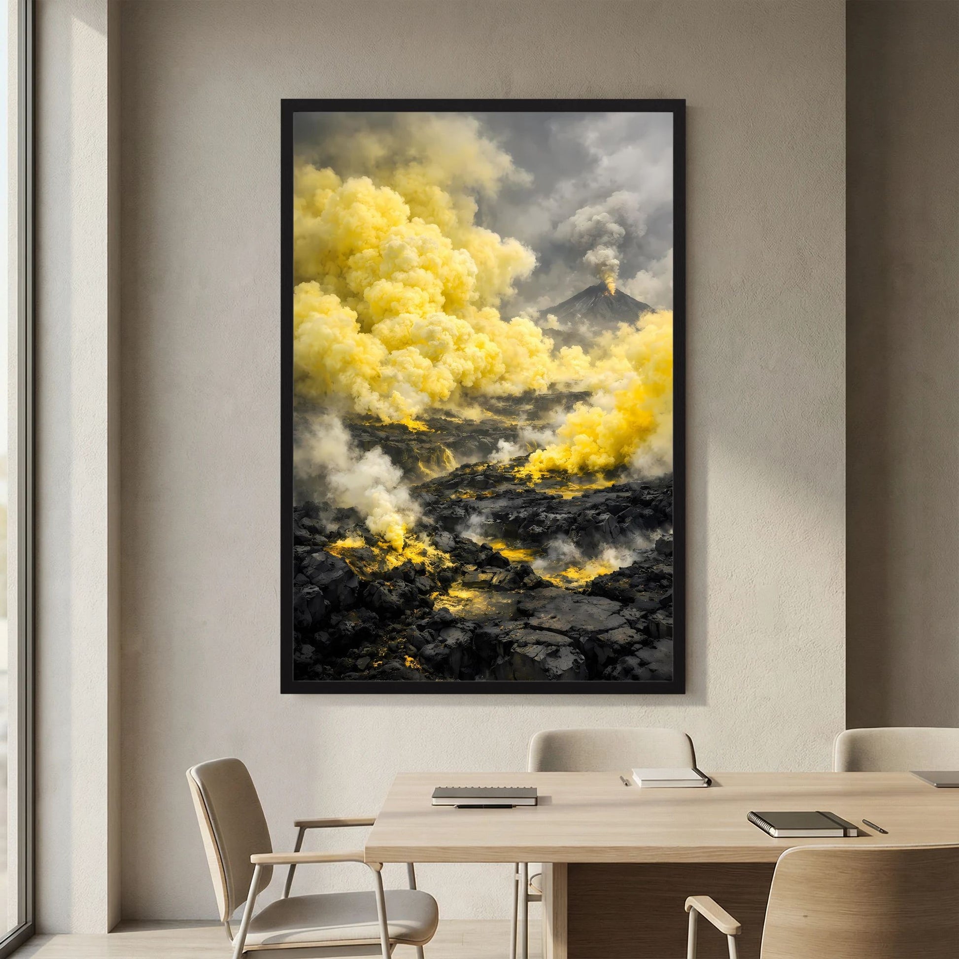 Die Kraft der Natur | Abstraktes Vulkan Poster in Gelb & Schwarz | Modernes Landschaftskunstposter Hochformat