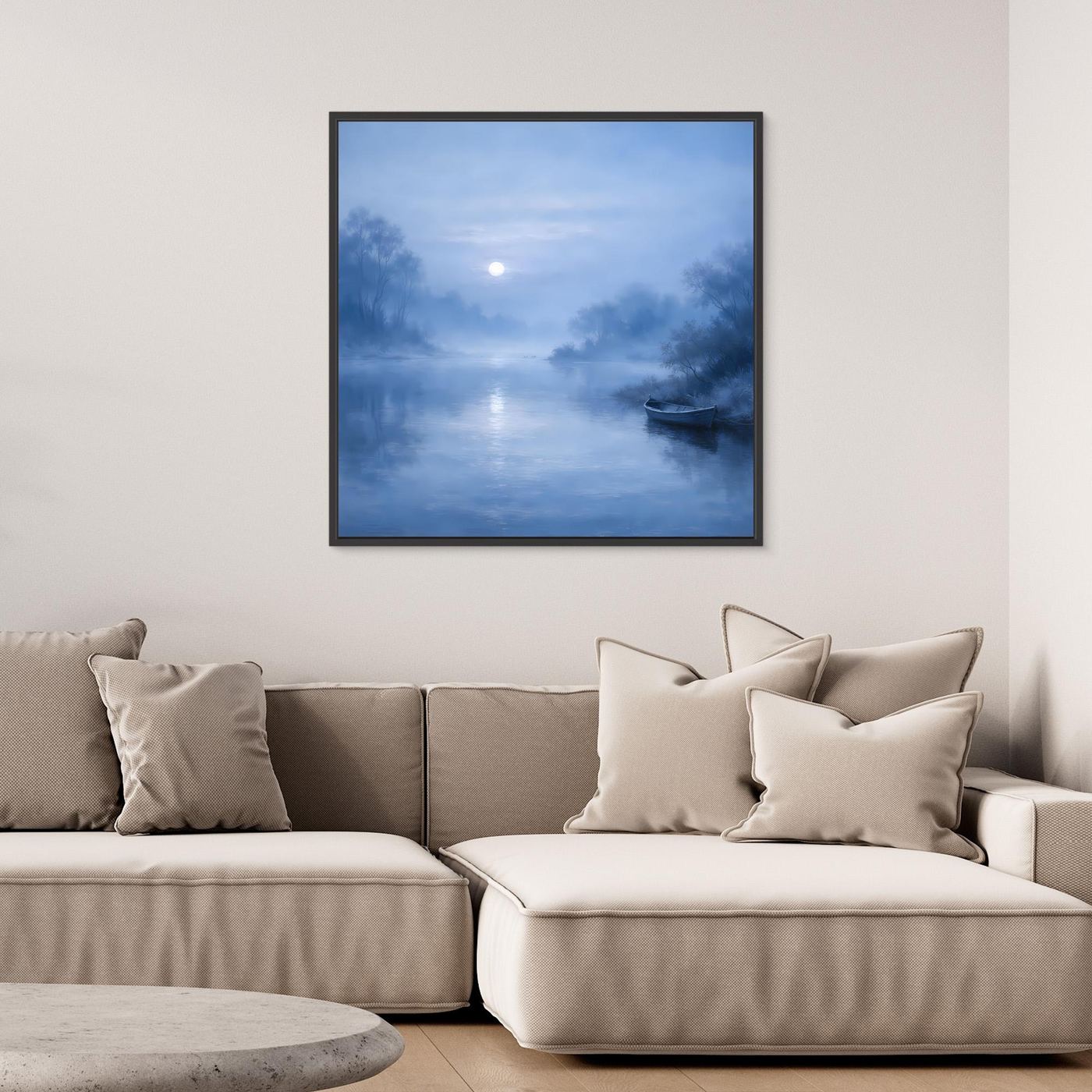 Quadratisches Leinwandbild mit dunklem Rahmen: blauer Mondschein-Fluss, Nebel, Boot
