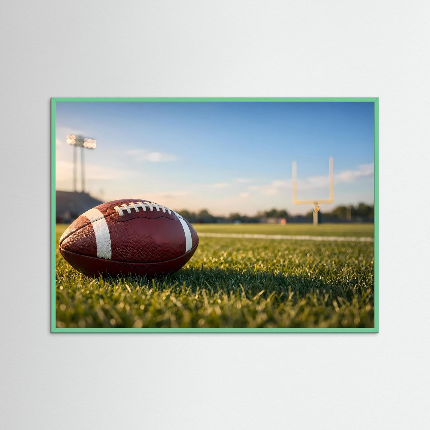 Sport-Poster Querformat mit American-Football auf Rasen, türkisfarbener Rahmen