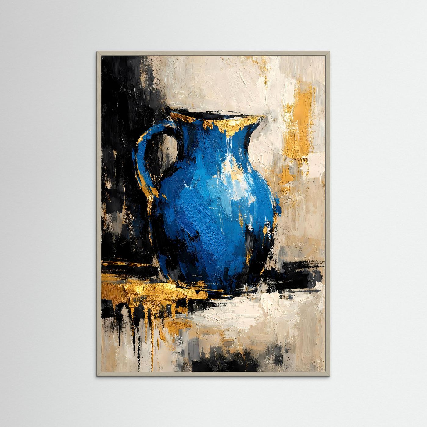 Kunstposter mit abstraktem Krug in Azurblau, Cremeweiß und Gold, beiger Rahmen