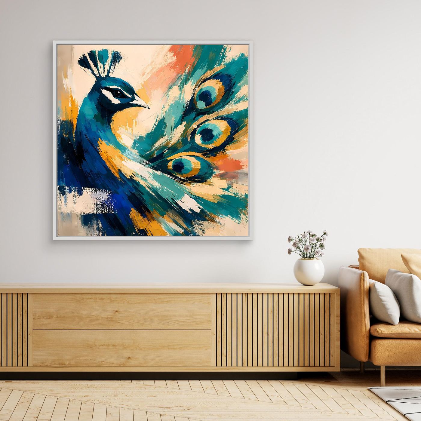 Abstract peacock canvas wall art in white frame with blue teal feathers and orange