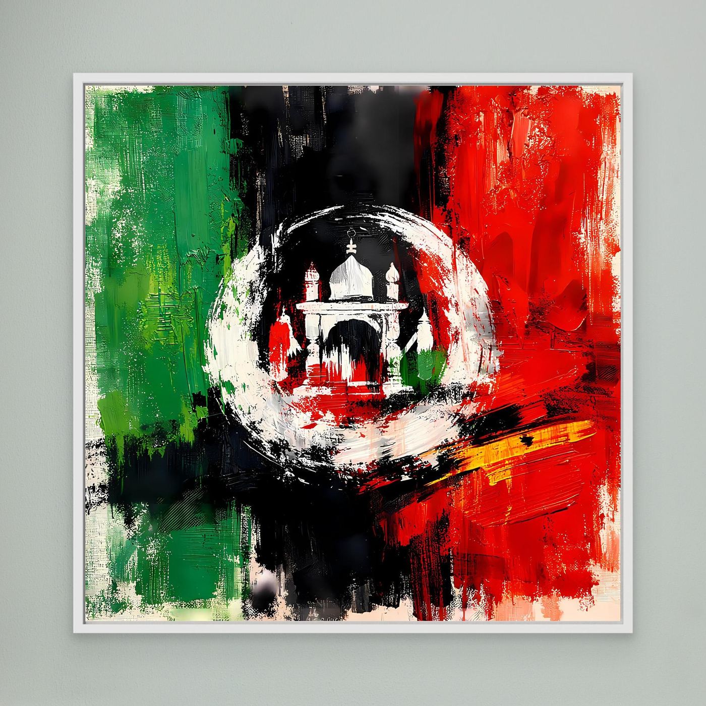 White-framed canvas wall art with abstract Afghanistan flag colors and central emblem