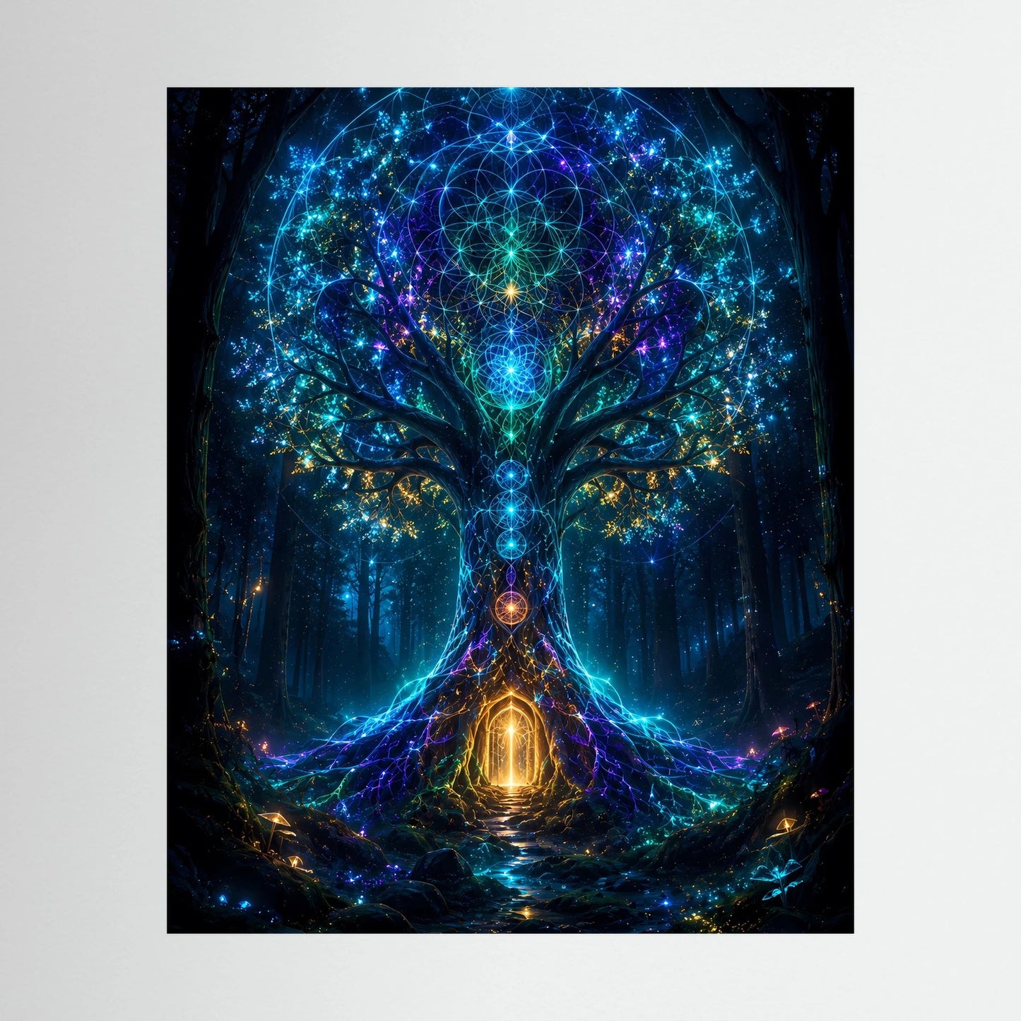 Hochformatiges Poster mit leuchtendem Baum im blauen, magischen Wald