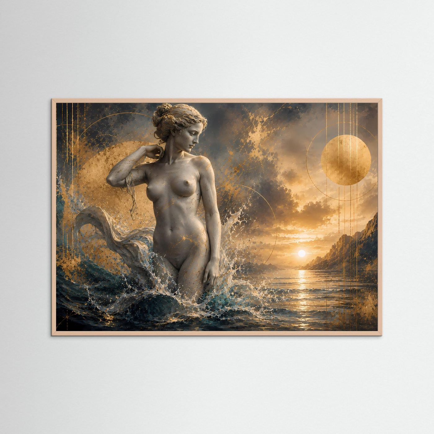 Querformat-Poster im Roséholzrahmen: nackte Frauenfigur zwischen Wellen, goldener Sonnenkreis