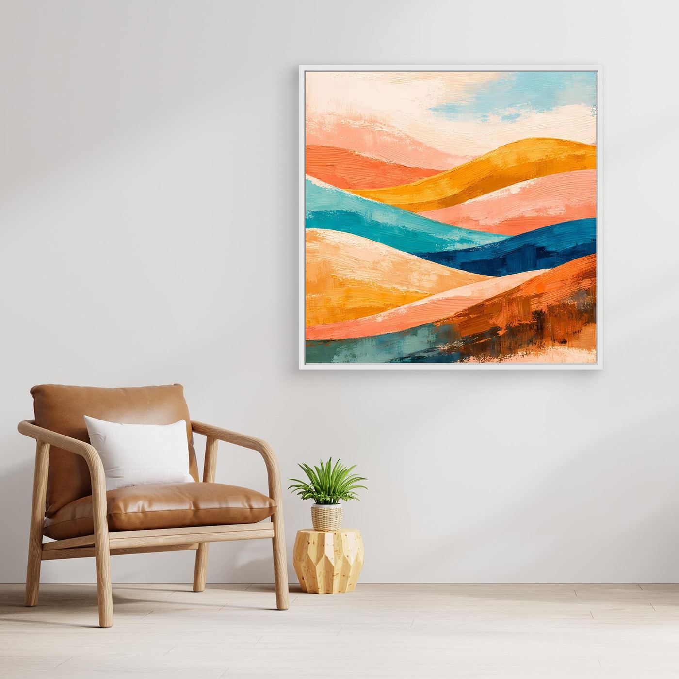 Silver/gray-framed canvas wall art with abstract orange, teal, and blue rolling hills