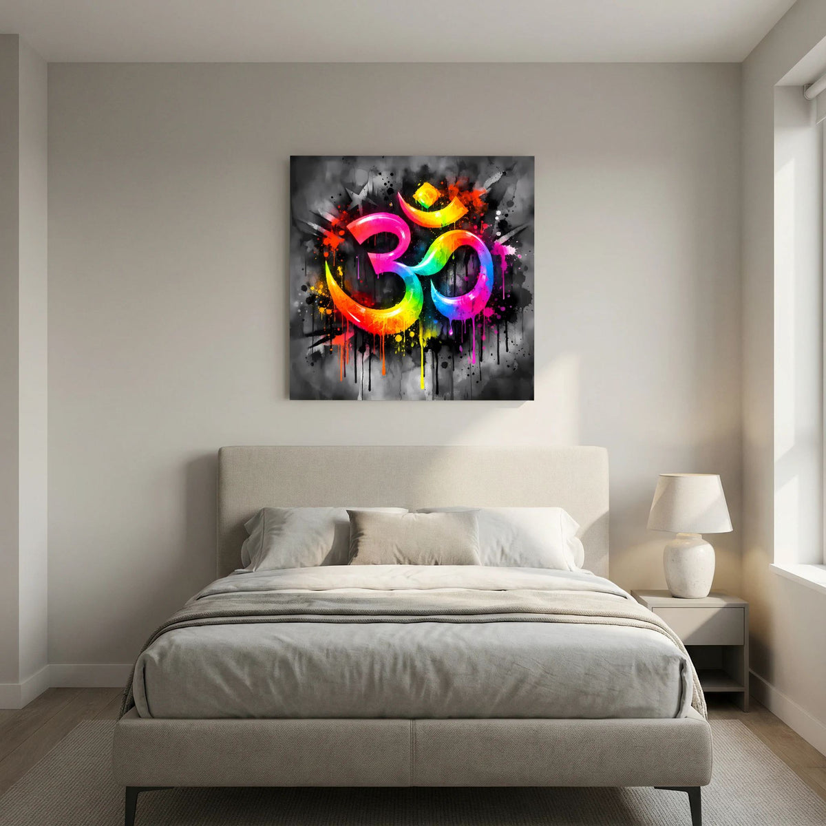 Keilrahmen-Leinwandbild mit farbigem Om-Symbol, leuchtenden Verläufen und Spritzdekor