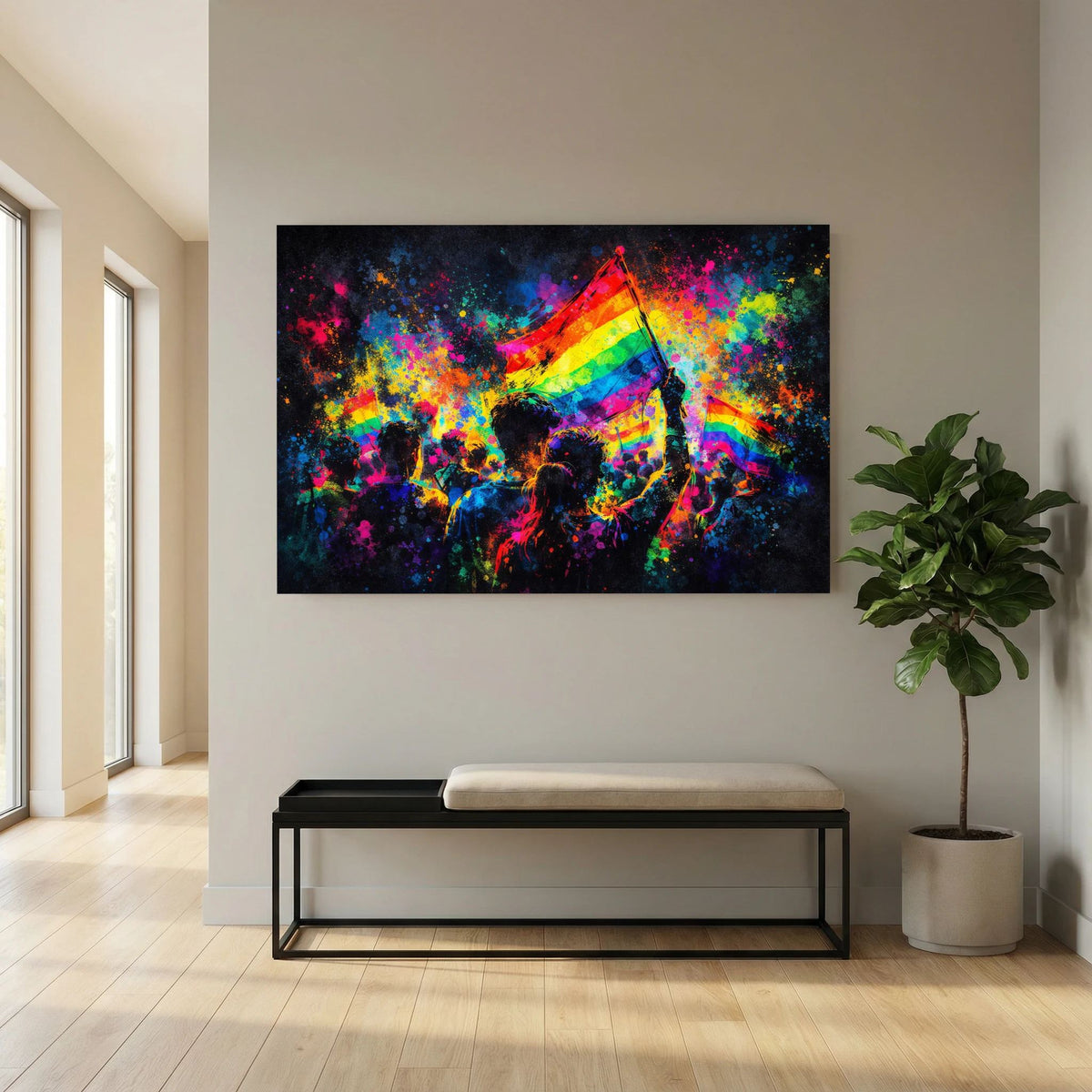 Wandbild mit Regenbogenfahne, Farbexplosion und silhouettierten Menschen in kräftigen Farben