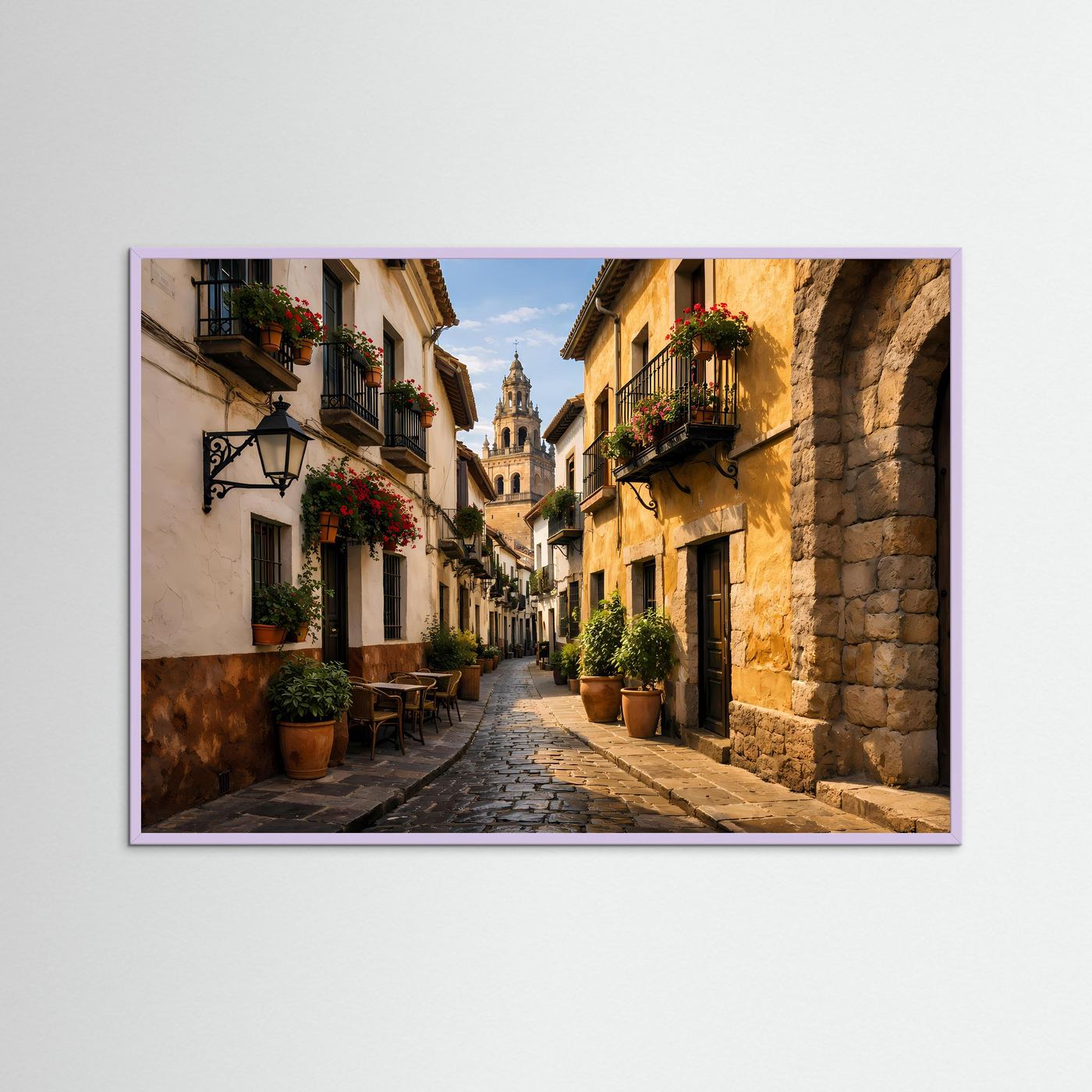 Wandbild im Querformat mit violettem Rahmen: mediterrane Altstadtgasse mit Kirchturm.
