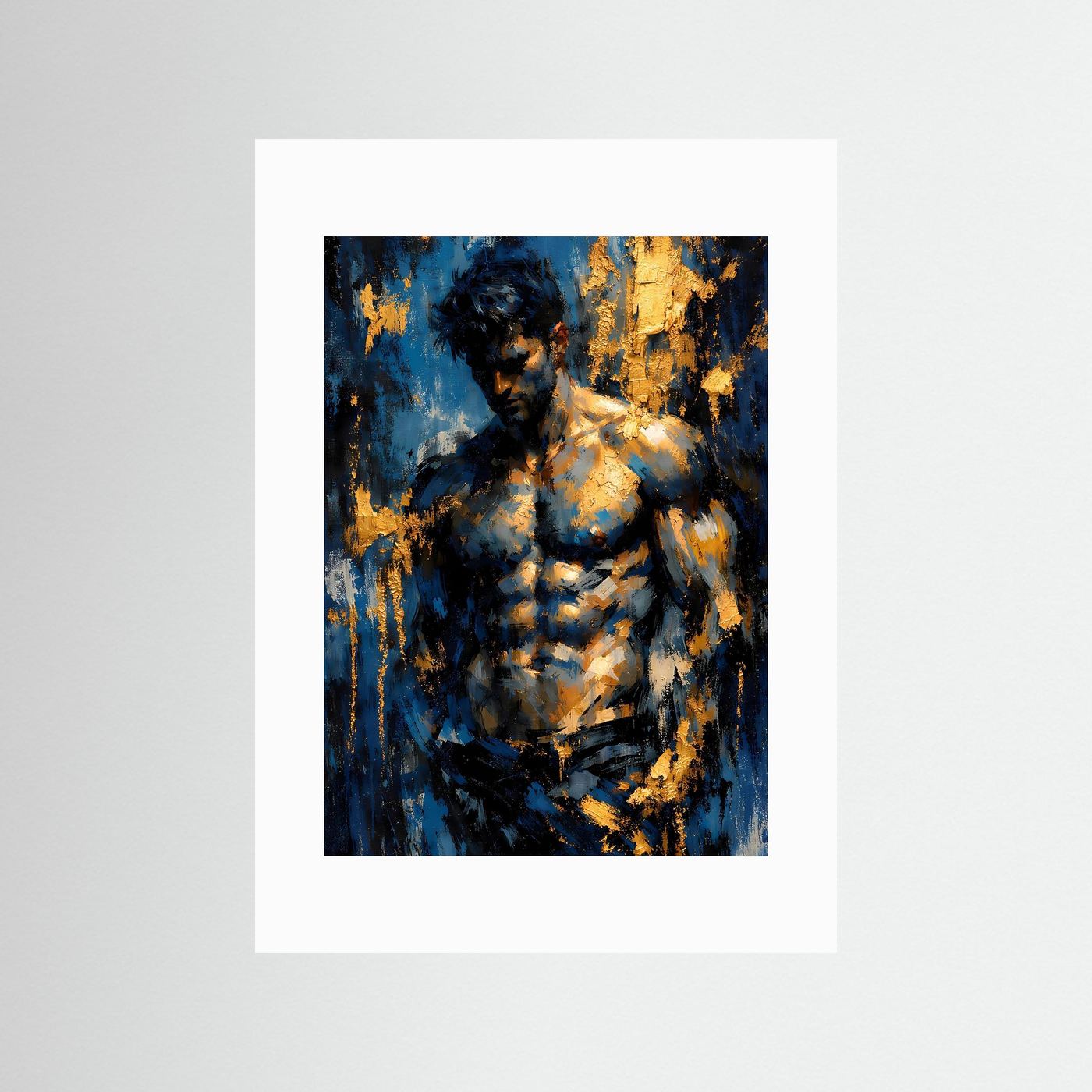 Kunstposter im Hochformat mit Aktfigur, blau-schwarzer Malerei und goldenen Akzenten, mit weißem Rand