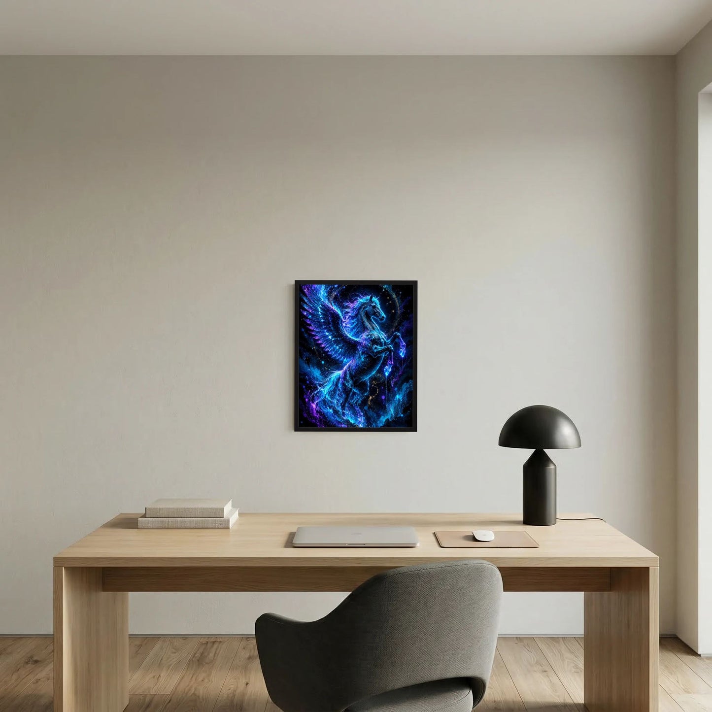 Pegasus-Poster im Hochformat mit blauem Flügelpferd-Motiv, schwarzer Rahmen