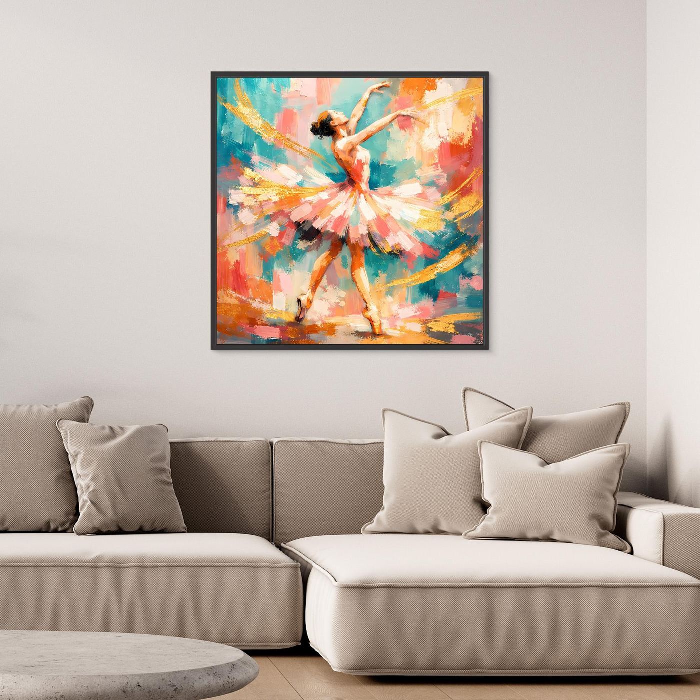 Buntes Leinwandbild mit abstrakter Ballerina, türkis-rosa Farbflächen, schwarzer Rahmen