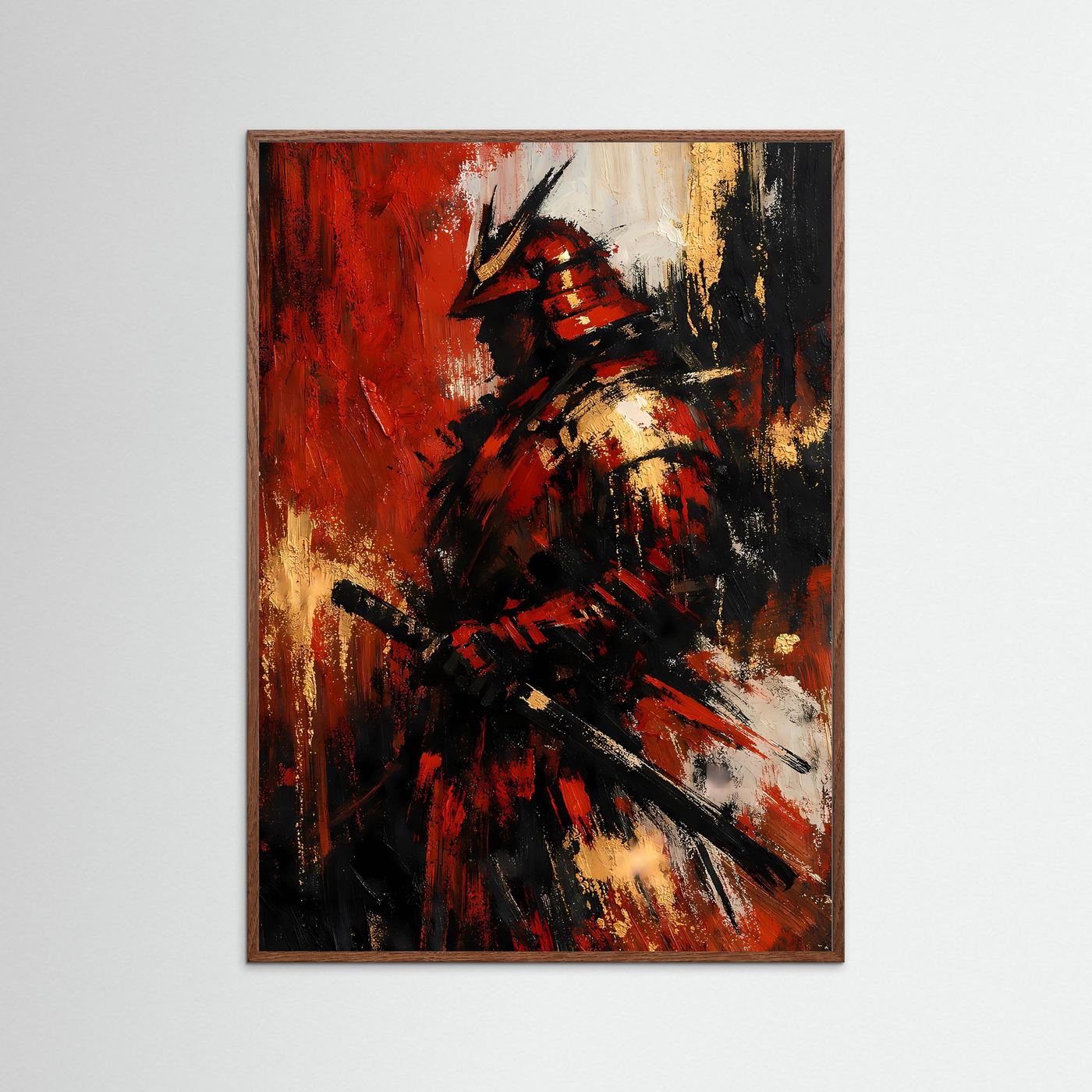 Samurai-Kunstposter mit dunkelbraunem Holzrahmen, tiefrot, gold und schwarz