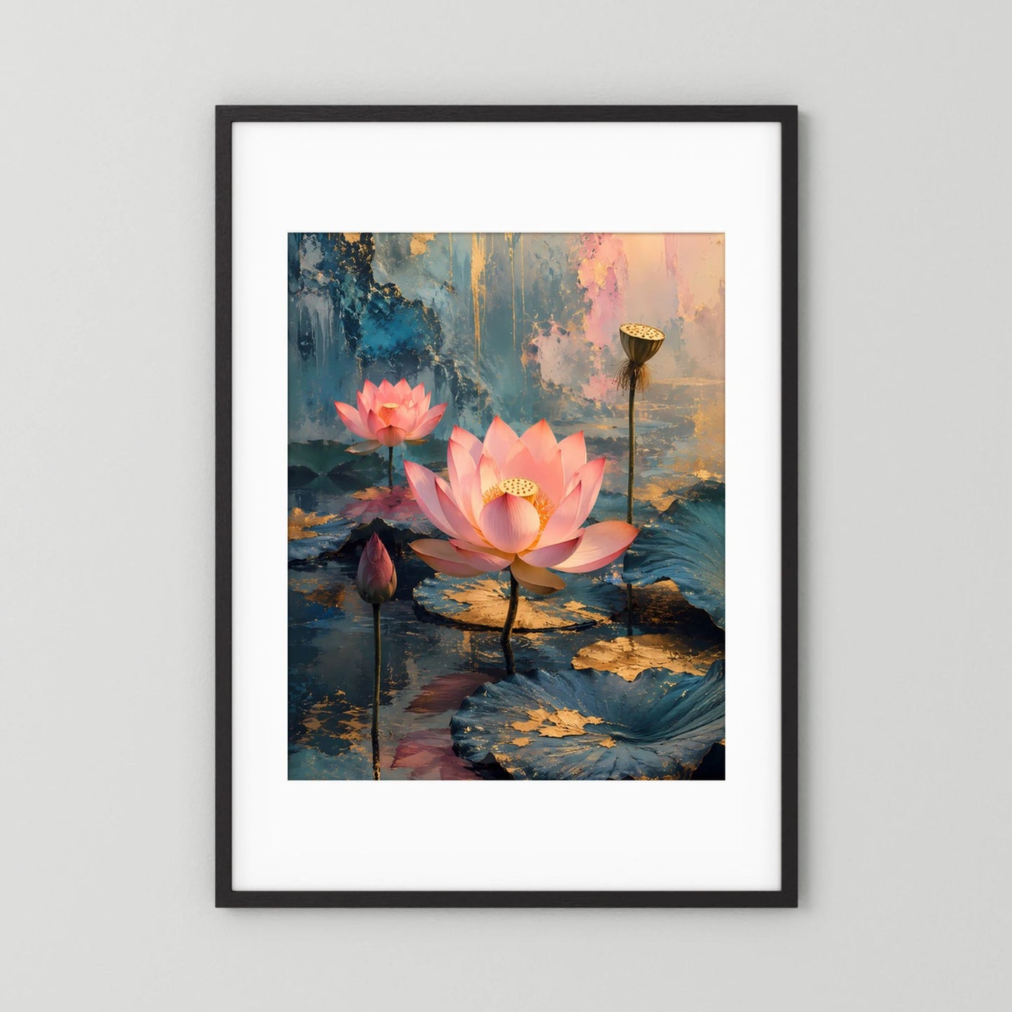 Gerahmtes Poster mit weißen Passepartout, rosa Lotusblüten und abstrakter Wasserlandschaft