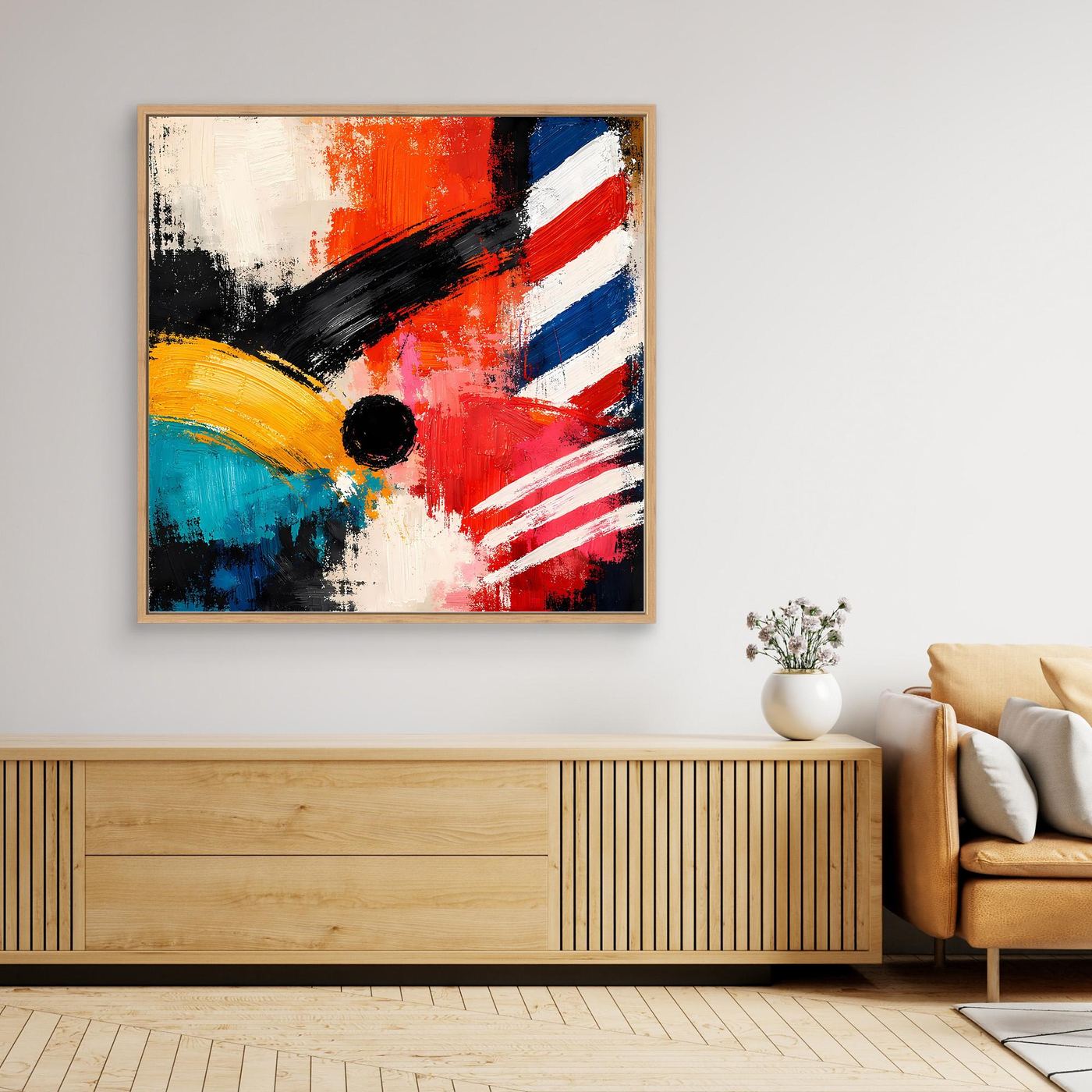 Abstract canvas wall art with oak frame, red blue yellow strokes, black circle and white accents