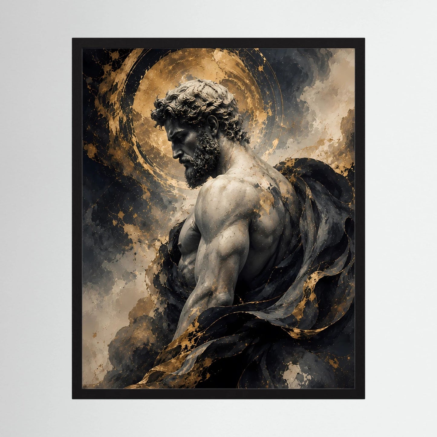 Gerahmtes Kunstposter im Hochformat mit Statue eines Mannes, Schwarz-Gold und goldenem Heiligenschein