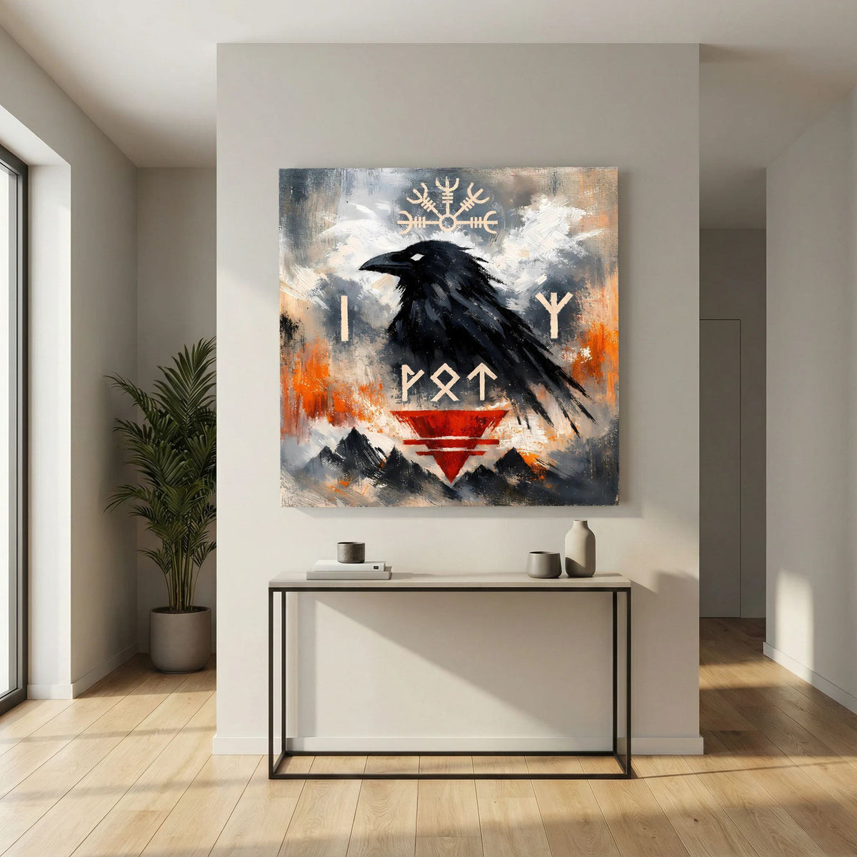 Wandbild mit schwarzem Raben, Runensymbolen und rotem Dreieck, orangefarbene Sprenkel