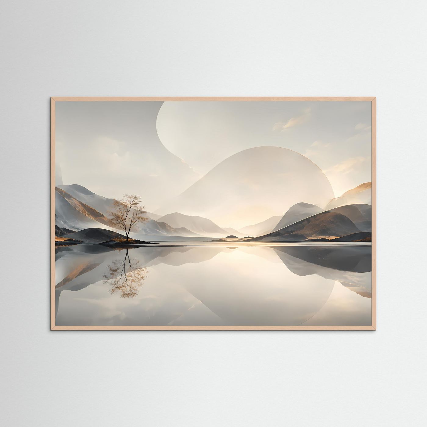 Minimalistische Berglandschaft Poster | Abstrakte Natur Landschaft Wandbild | Spiegelnder See | Modernes Panorama | Premium Leinwand Wall Art