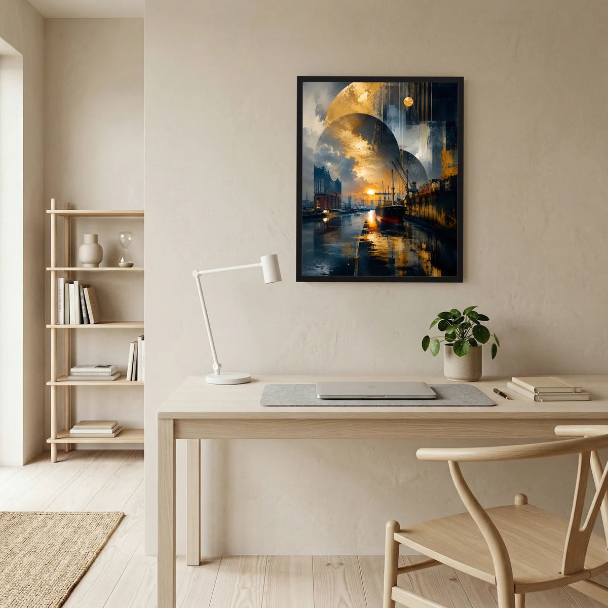 Gerahmtes Poster: dunkler Hafen mit goldenen Akzenten, abstrakte Wolken und Lichter