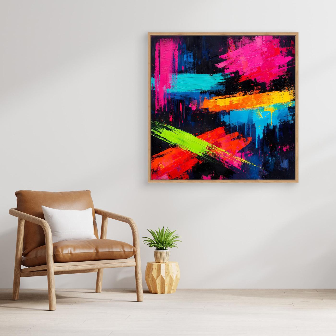 Abstraktes Leinwand-Wandbild mit Neon-Farbstrichen in Pink, Blau, Orange und Grün im braunen Rahmen