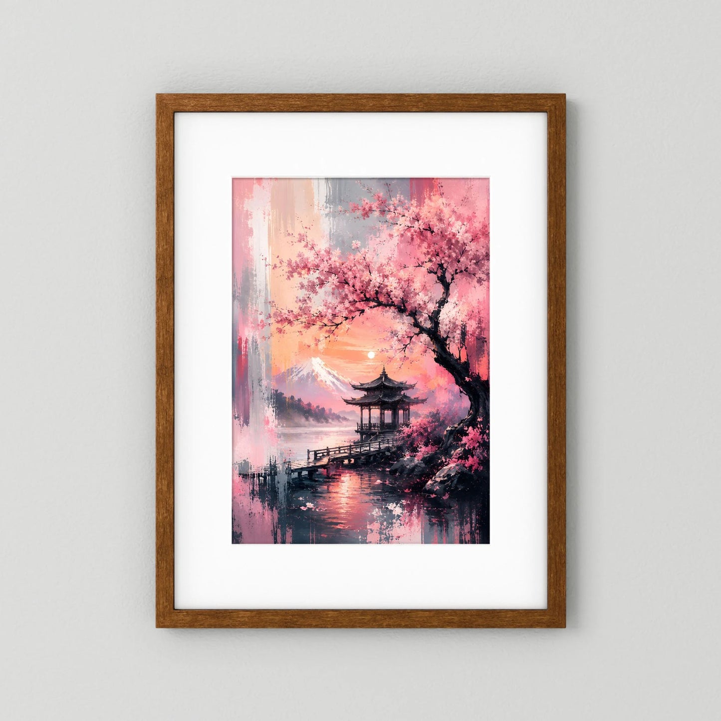 Hochformatiges Japan-Landschaftsposter mit Kirschblüten, Pagode und Wasser, Holzrahmen