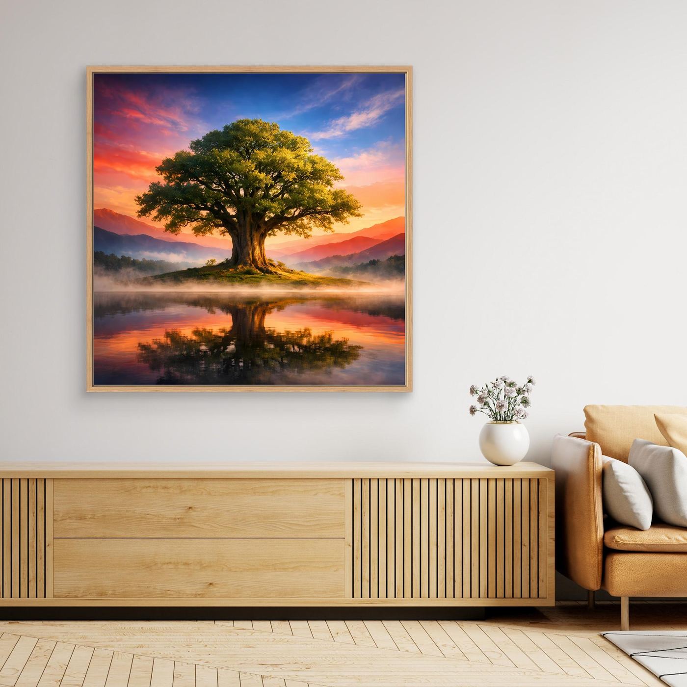 Leinwandbild mit Baum und Spiegelung bei Sonnenuntergang, klarer Rand, warmes Farbspiel