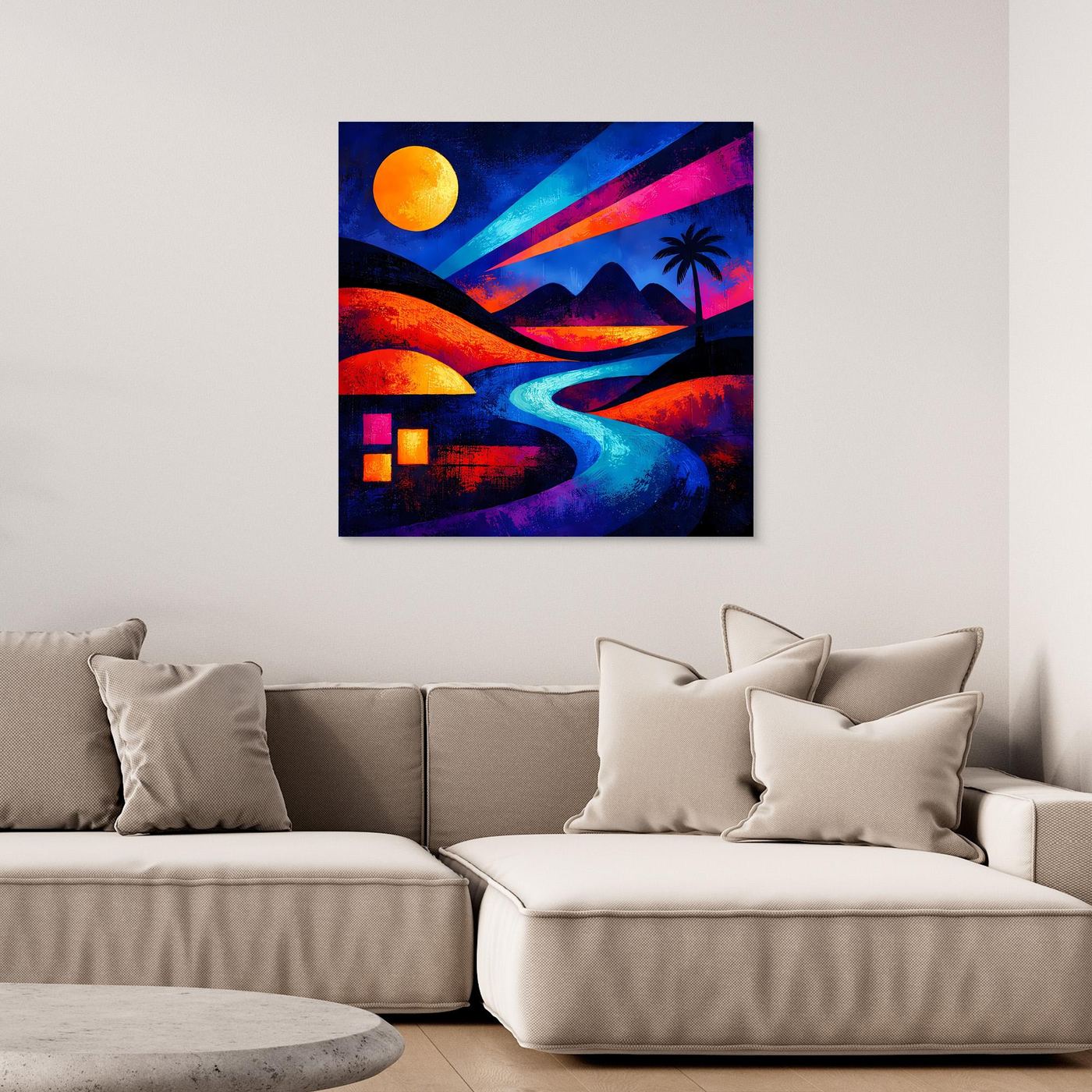 Gerahmtes Leinwandbild: Palmenlandschaft mit orangefarbenem Mond und buntem Fluss