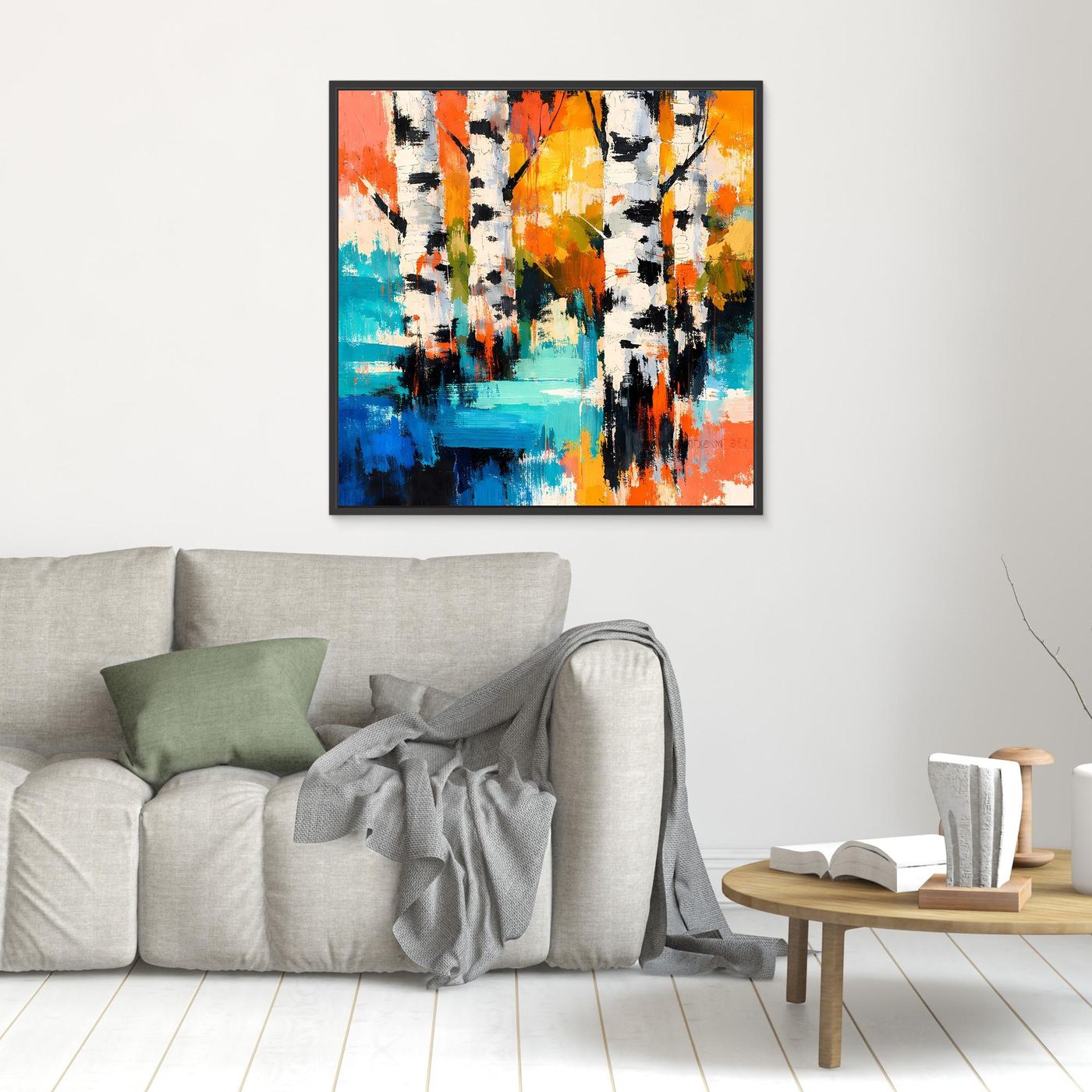 Abstract birch forest canvas wall art, colorful vertical strokes, black frame