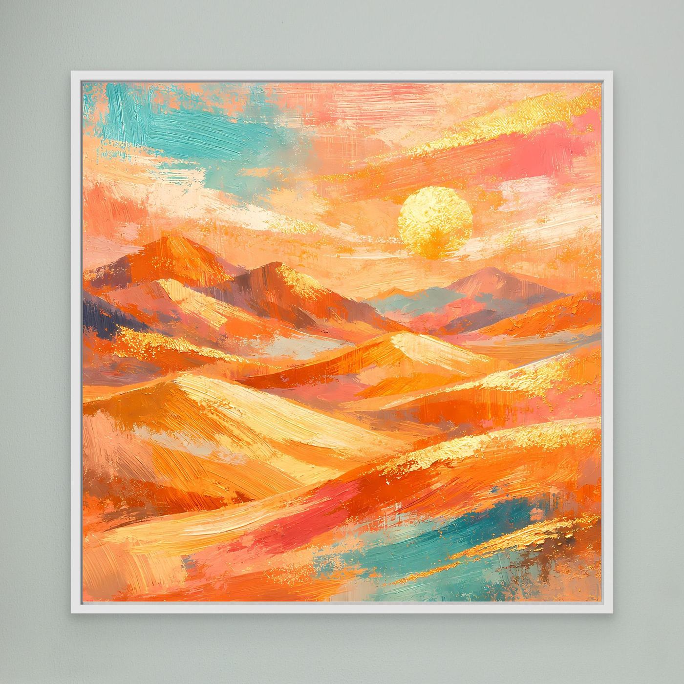 Abstraktes Leinwandbild: orange Wüstenlandschaft mit gelber Sonne und Pinselstrichen