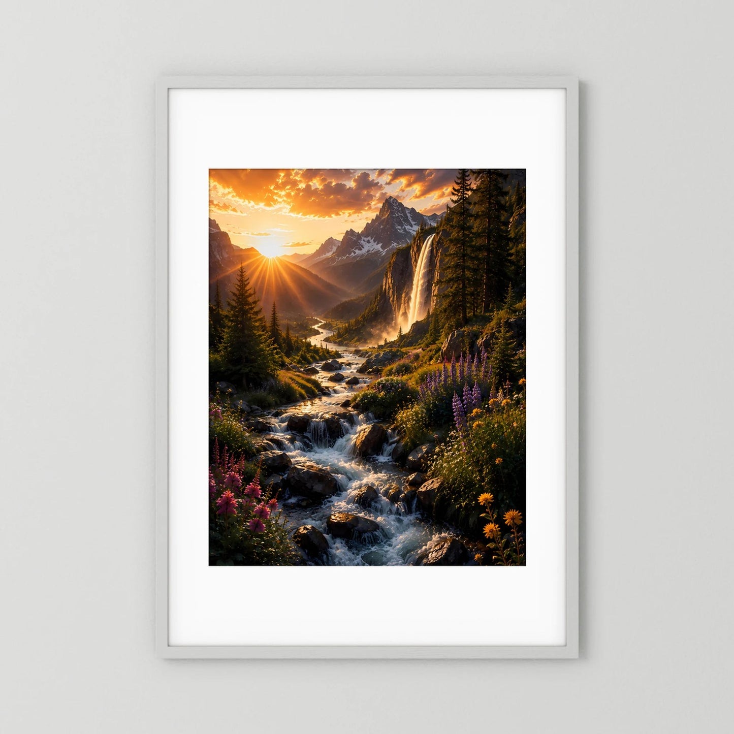 Bergwasserfall im Sonnenuntergang | Alpenlandschaft mit Wildblumen & Gebirgsbach | Poster Hochformat