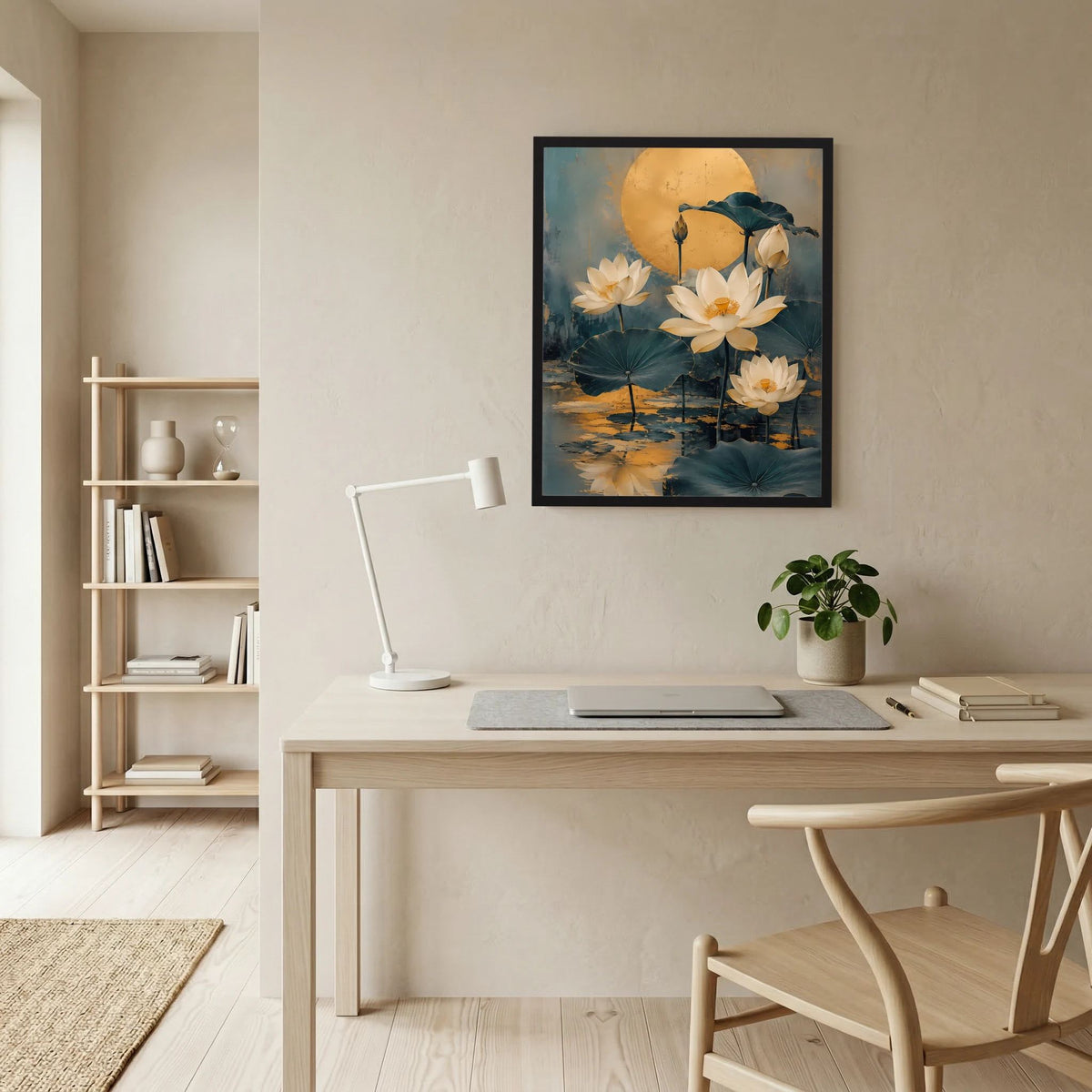 Gerahmtes Hochformat-Poster mit weißen Lotusblüten und goldener Mondsichel