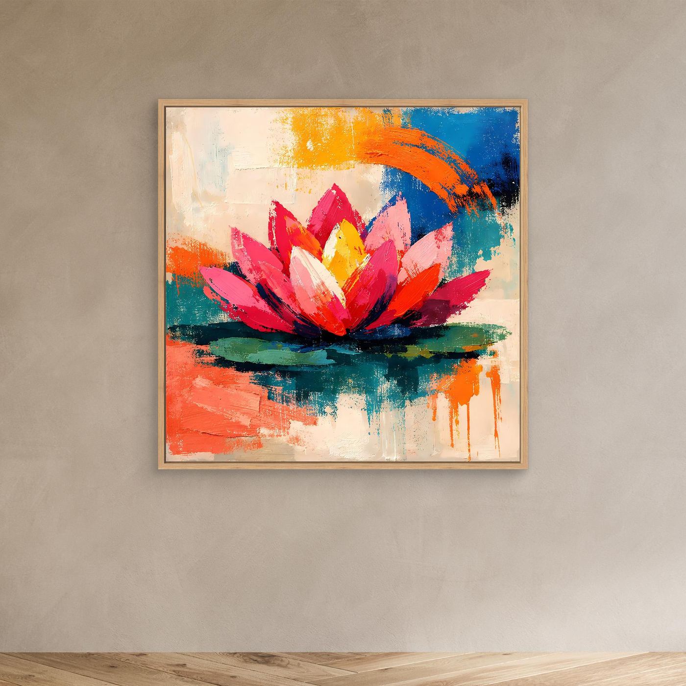 Framed abstract lotus wall art with pink petals and orange, blue, and green brushstrokes.