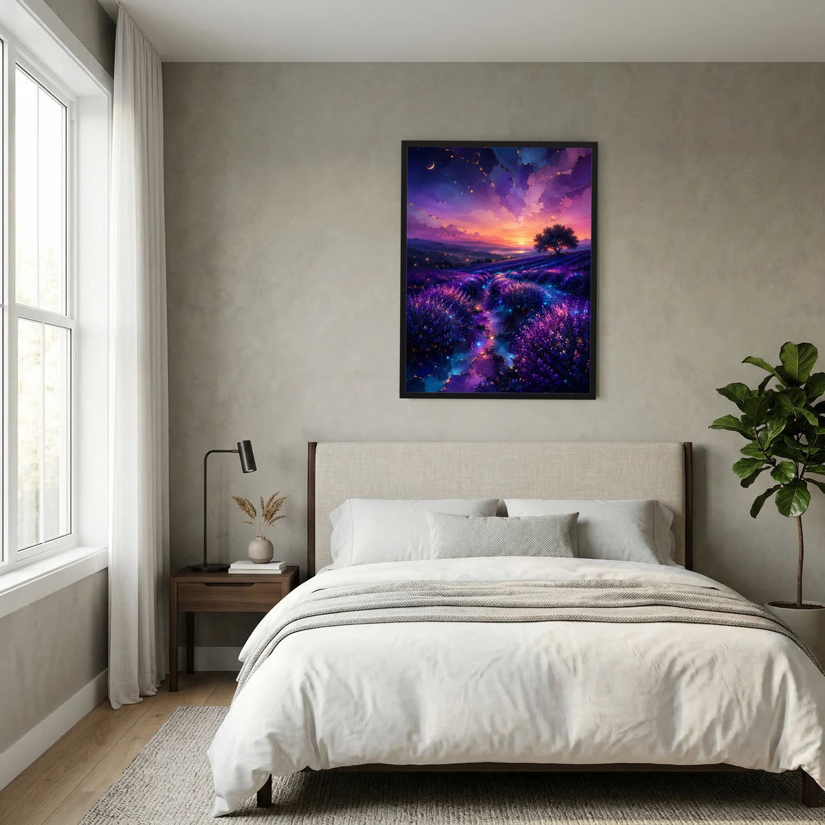 Hochformatiges Poster im dunklen Rahmen mit Lavendelfeld in Violett und Blau