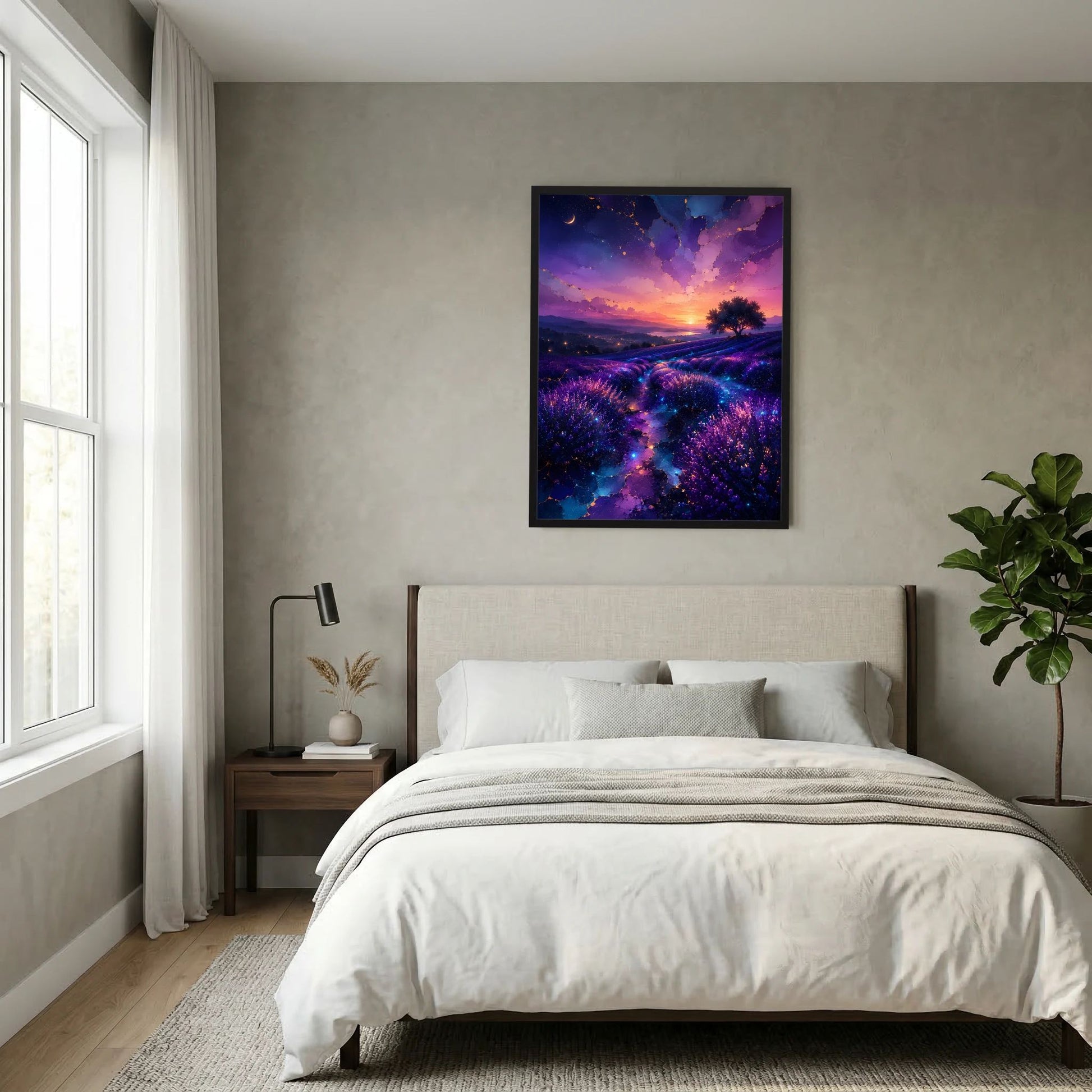 Hochformatiges Poster im dunklen Rahmen mit Lavendelfeld in Violett und Blau