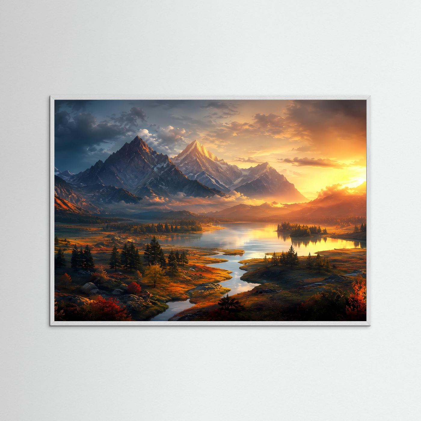 Majestätische Alpen am Spiegelsee Poster Querformat | Panorama Berglandschaft bei Sonnenuntergang | Modernes Natur Wandbild