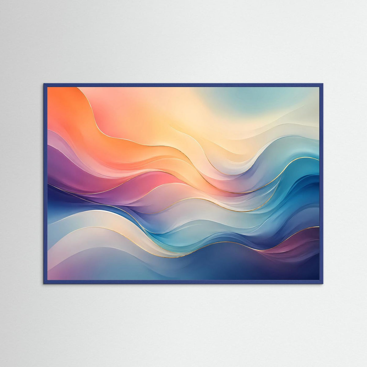 Abstraktes Poster mit fließenden Wellen in Blau, Rosa und Pastell im blauem Holzrahmen
