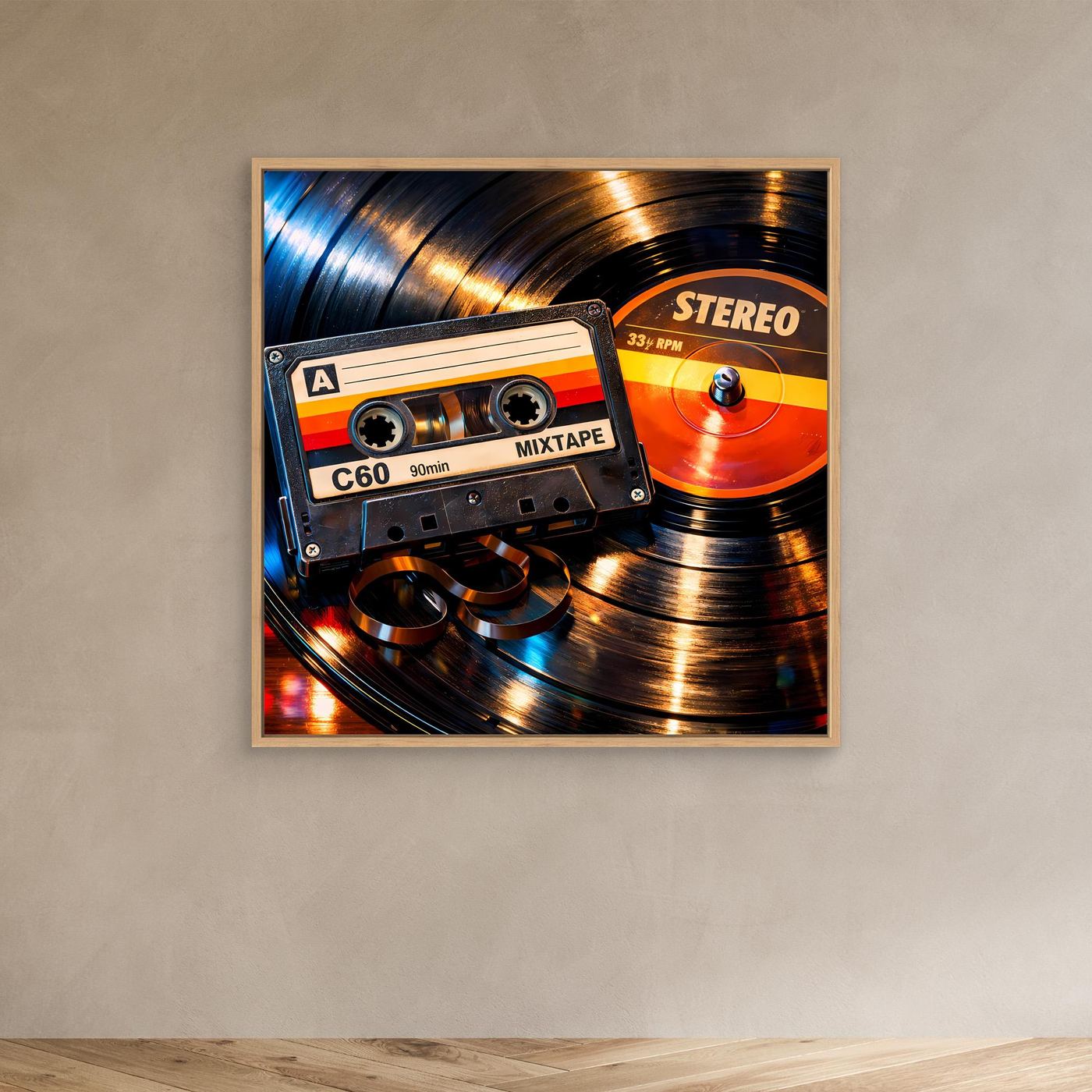Leinwandbild mit Retro-Mix Tape und Schallplatte, orange/blau, Eichenrahmen