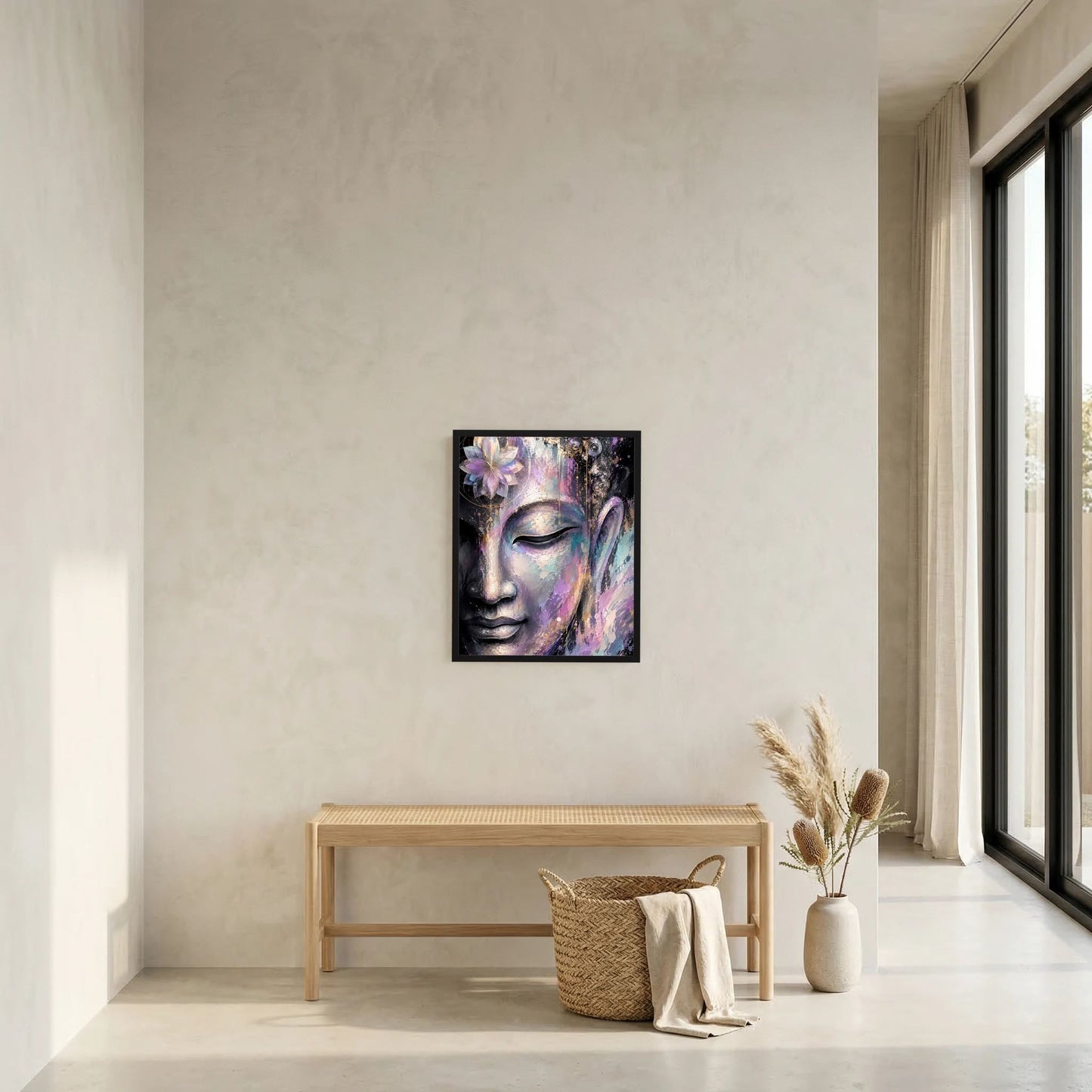 Wandkunst: kleines gerahmtes Kunstposter mit abstraktem Buddha-Gesicht und Lotusblüte