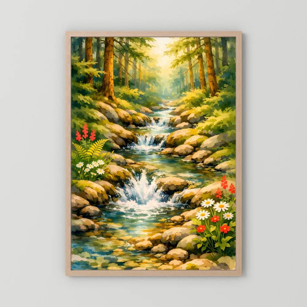 Wasserfall-Wandposter mit Bach im Wald und bunten Blumen, brauner Holzrahmen