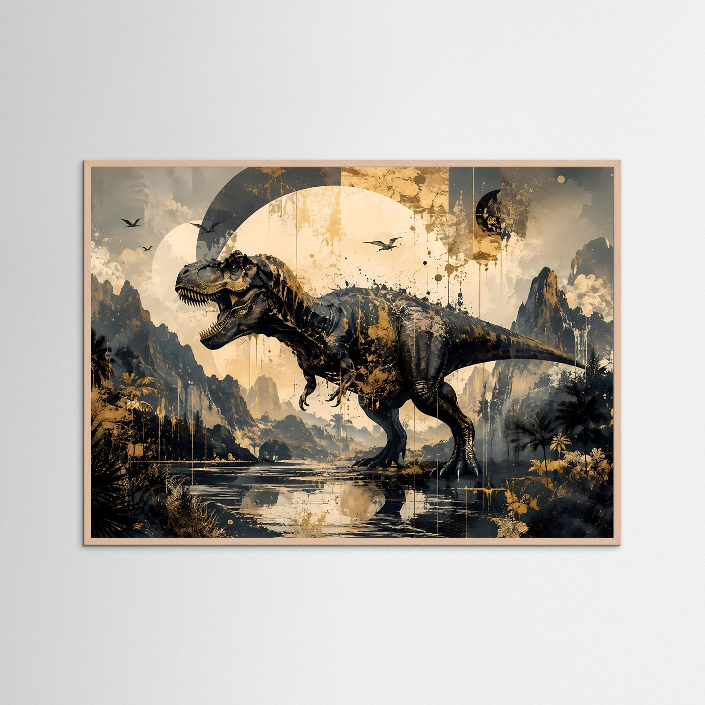 T-Rex Dinosaurier Poster | Abstrakte Jurassic Wandkunst in Schwarz Gold | Moderner Tyrannosaurus Kunstdruck