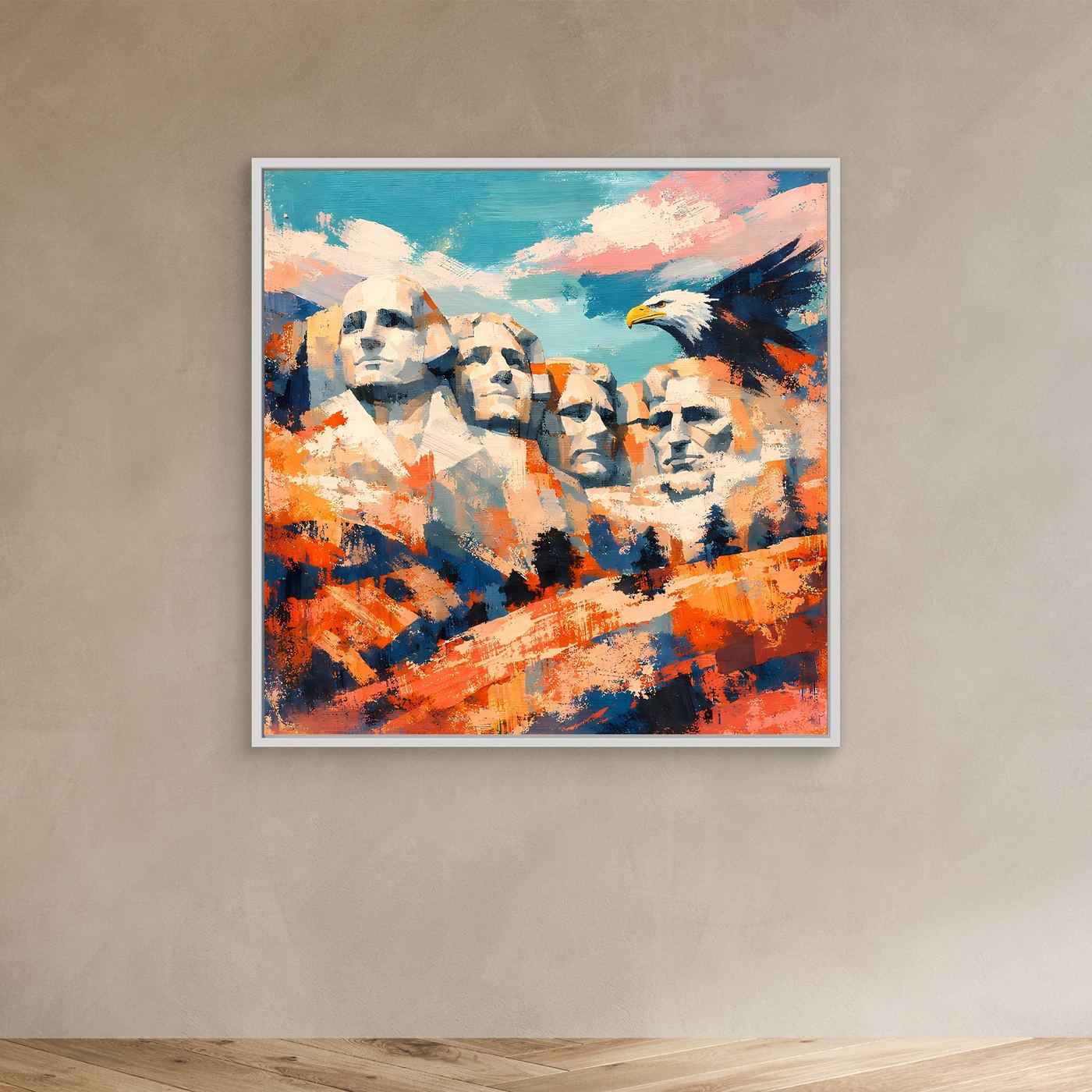 Abstraktes Leinwand-Wandbild mit weißem Rahmen: Adler und Berggesichter, orangefarbene Akzente