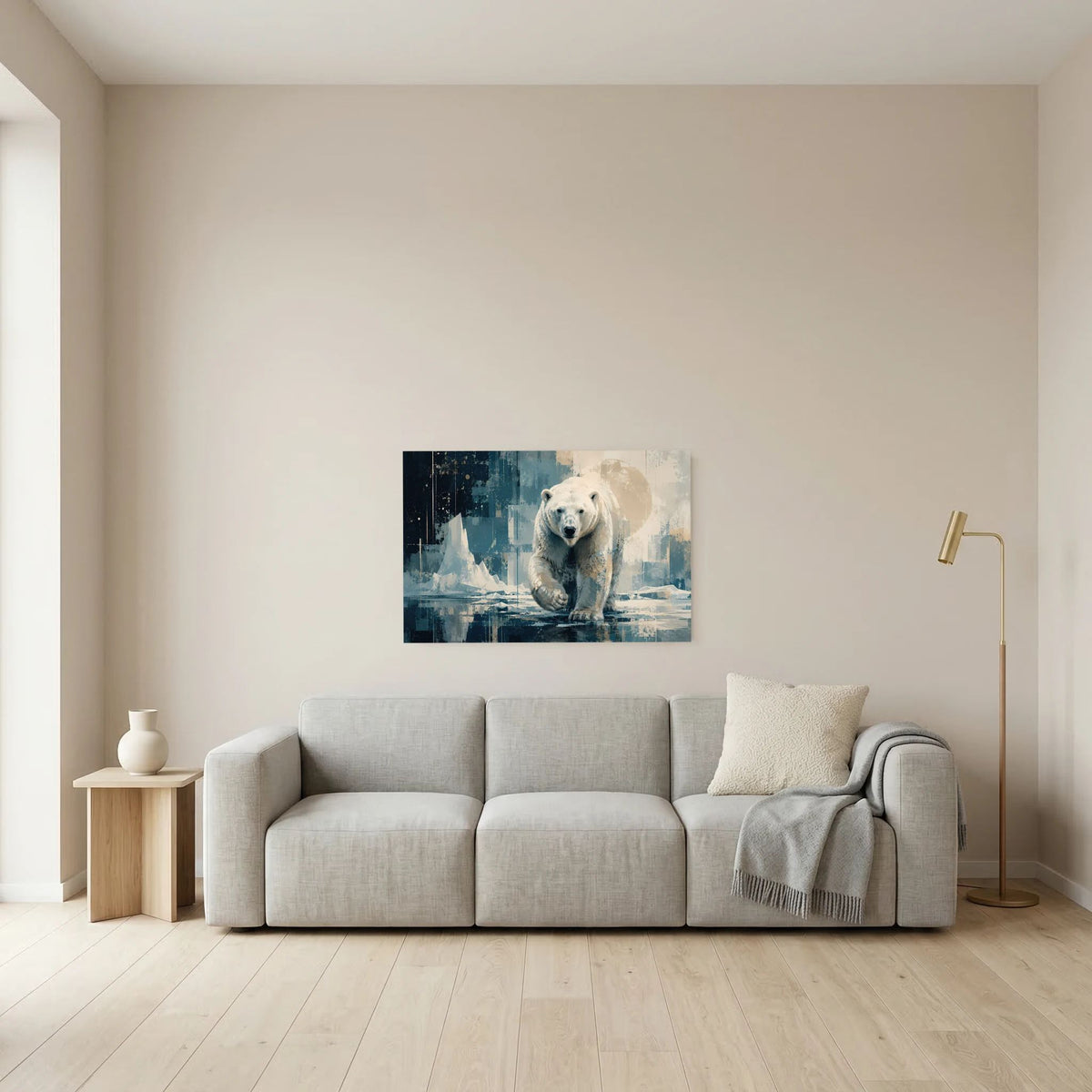 Eisbär-Poster im Querformat mit abstraktem Blau-Beige Motiv, ohne Rahmen