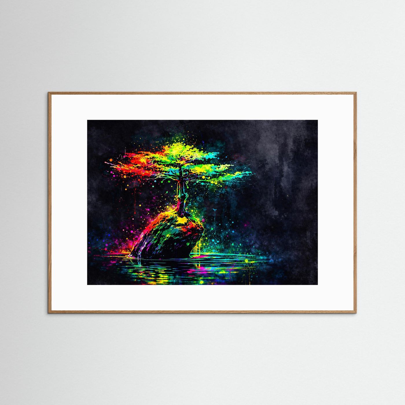 Wandbild mit abstraktem Bonsai-Baum in Neonfarben, hellerer Holzrahmen