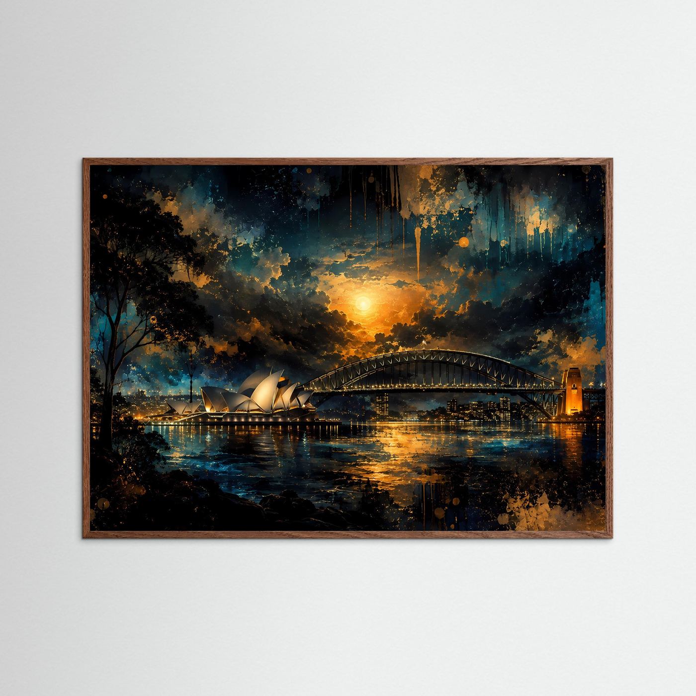 Sydney Poster | Sydney Opera House & Harbour Bridge bei Nacht | Australien Wandbild | Moderne Skyline Kunst | Gold Blau Fine Art | Premium Wanddekoration