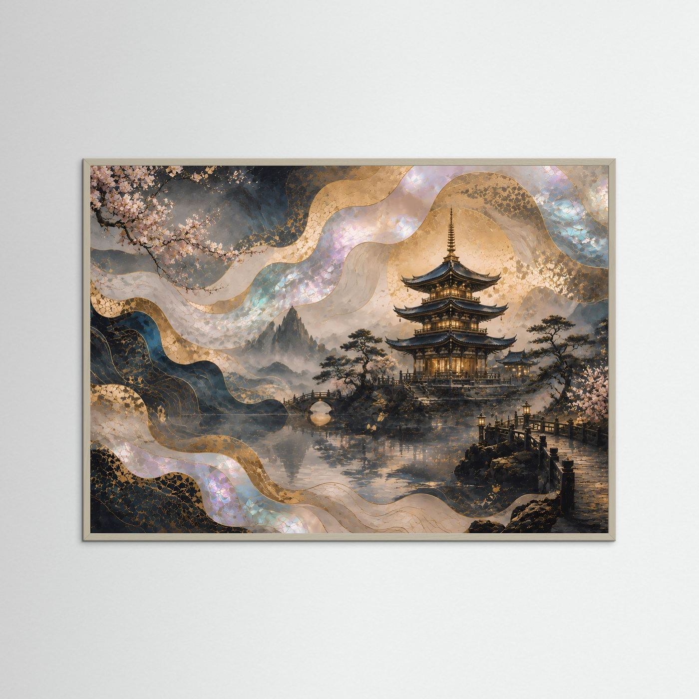 Querformat-Poster mit japanischer Pagode und Kirschblüten, gerahmt in grauem Holz