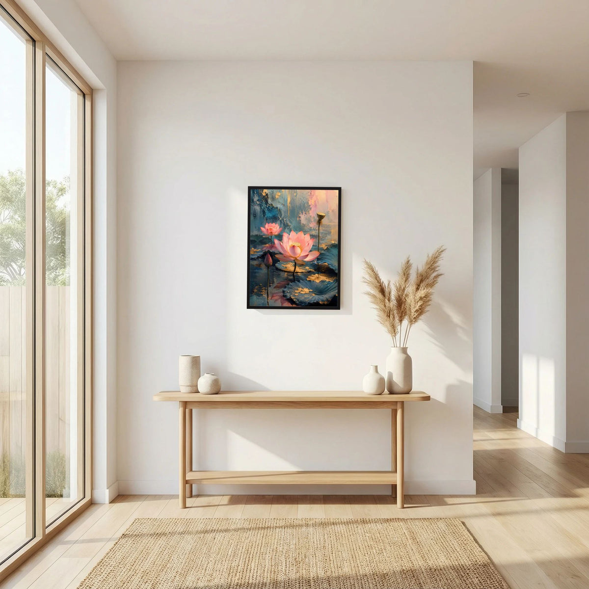 Hochformat-Wandposter mit rosa Lotusblüten, petrolfarbenem Wasser und goldenen Akzenten, schwarz